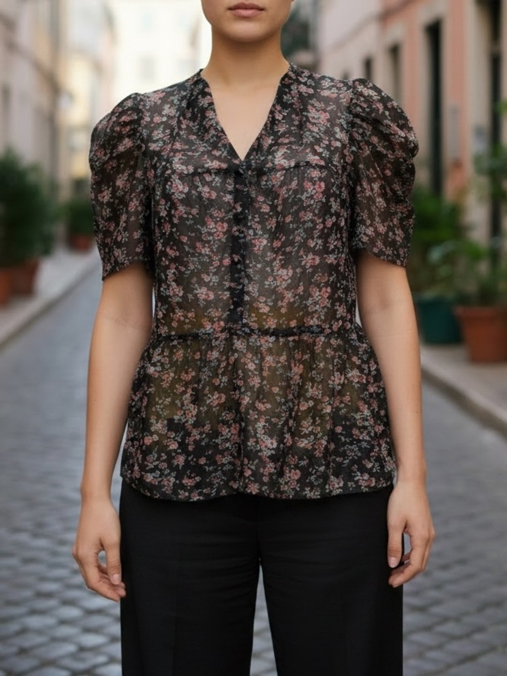 Sandro Paris 100% Silk Floral Sheer Puff Sleeve Blouse Top Size 2